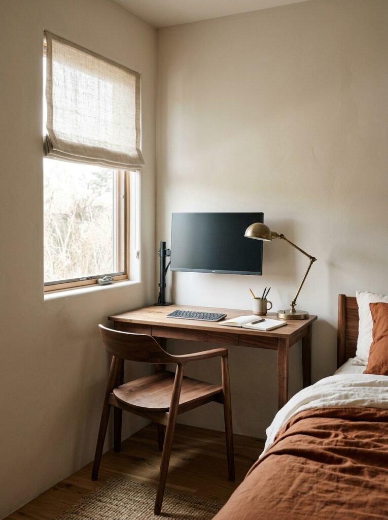 A narrow walnut desk under a side-wall bedroom window with a monitor on an arm, an armless chair and a brass task lamp, the bed visible to one side