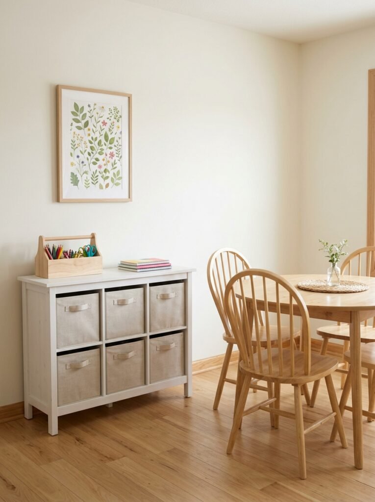 A dining room wall with a low cabinet holding labeled-free fabric cubbies, a supplies caddy with pencils and crayons on top and a round wood table nearby.