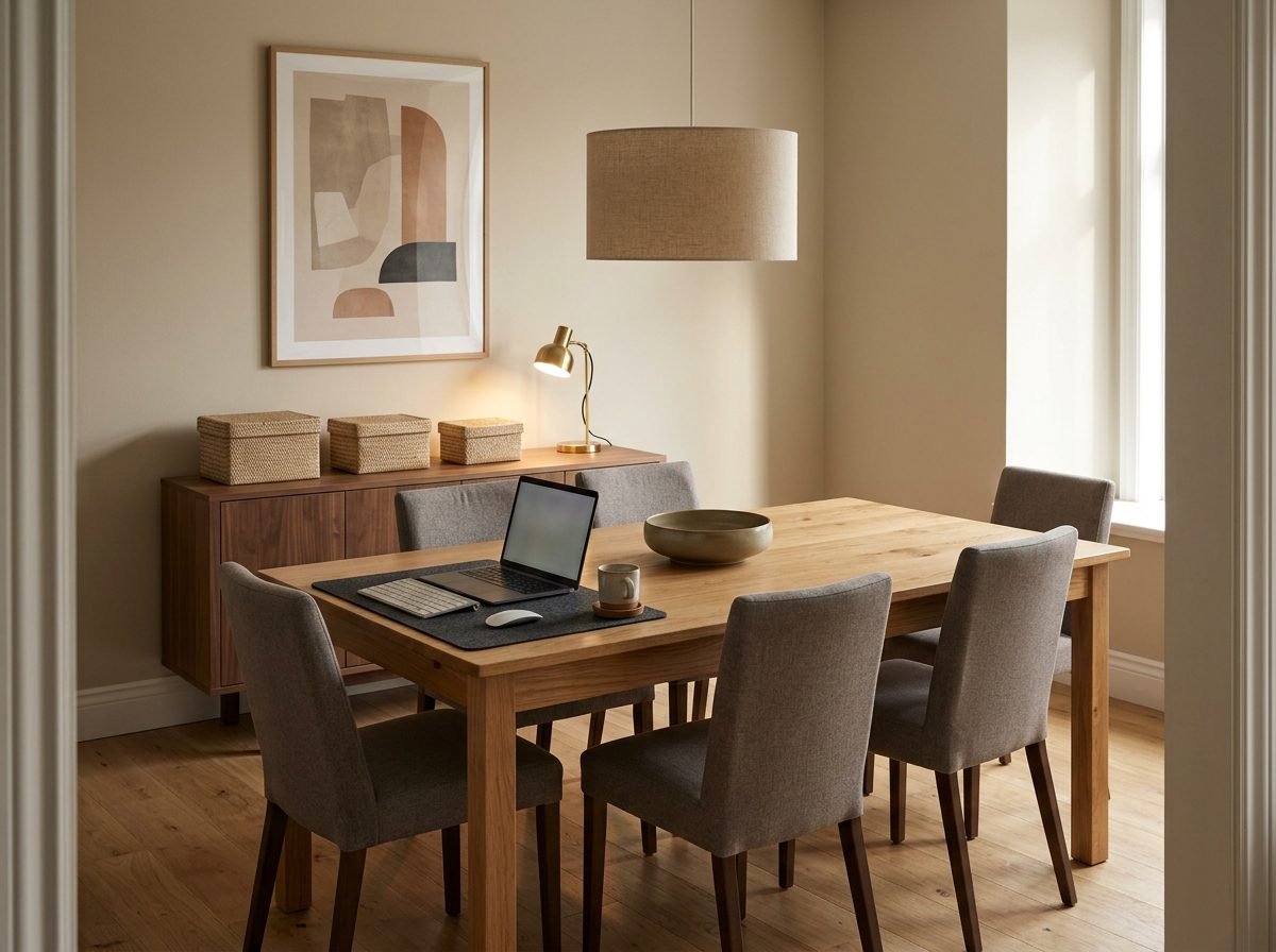 A dining room with a wood table holding a laptop on a desk mat at one end, a sideboard with closed doors and woven boxes, and a pendant light above.
