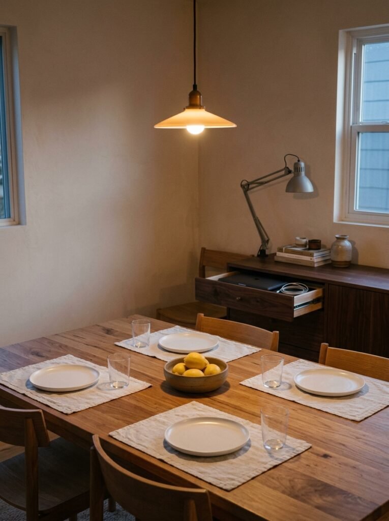A cleared dining table set with linen placemats, plates and a low bowl centerpiece, with the sideboard drawer slightly open showing a laptop and coiled charger inside.
