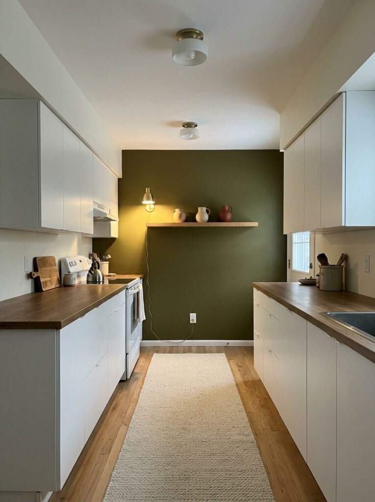  A galley kitchen with white cabinets and pale walls along both sides and a deep warm green end wall holding a single open oak shelf with three ceramic pieces.