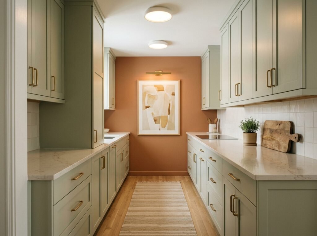 A galley kitchen seen from the doorway, with pale cabinets on both sides, a terracotta painted end wall holding one large framed print and even ceiling lights along its length.