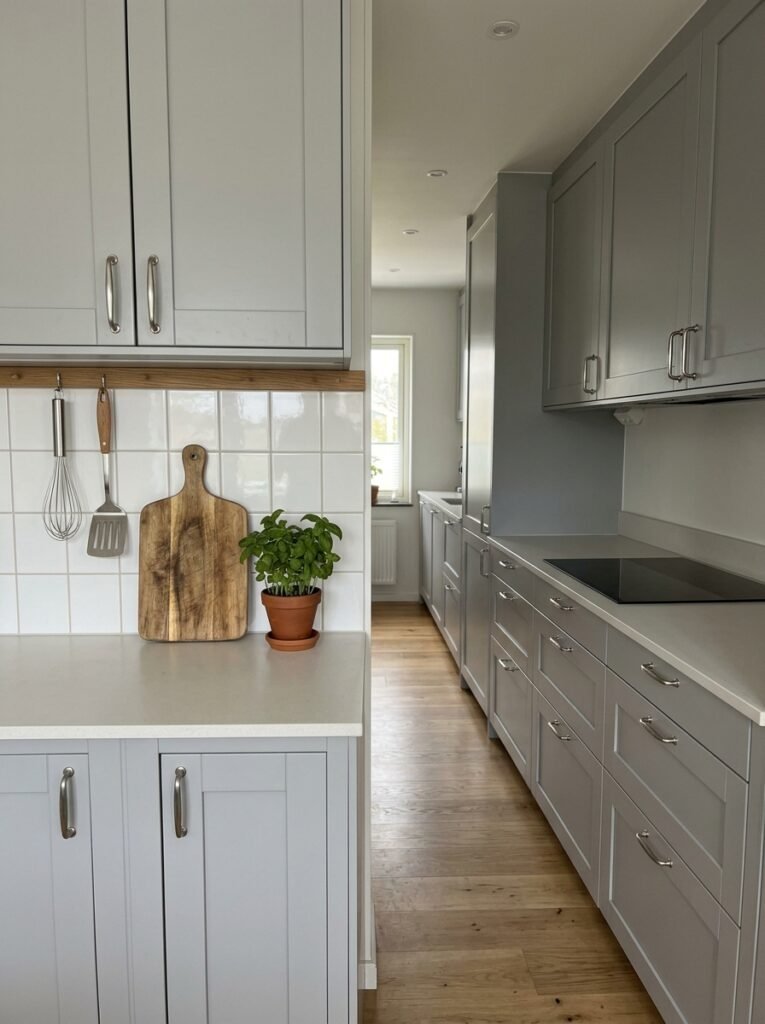 One side of a galley kitchen styled with a short wooden rail, a cutting board and a small plant, facing a plain cooktop run with clear counters.