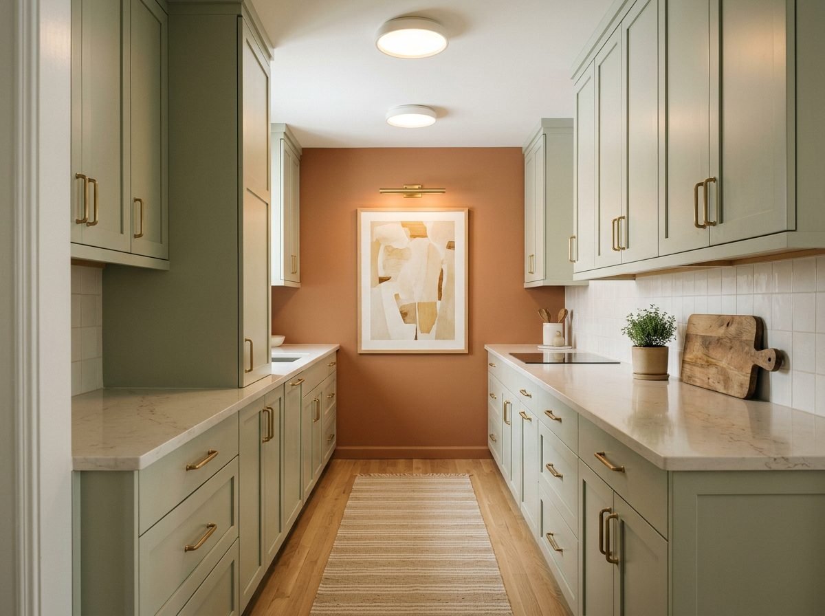 A galley kitchen seen from the doorway, with pale cabinets on both sides, a terracotta painted end wall holding one large framed print and even ceiling lights along its length.