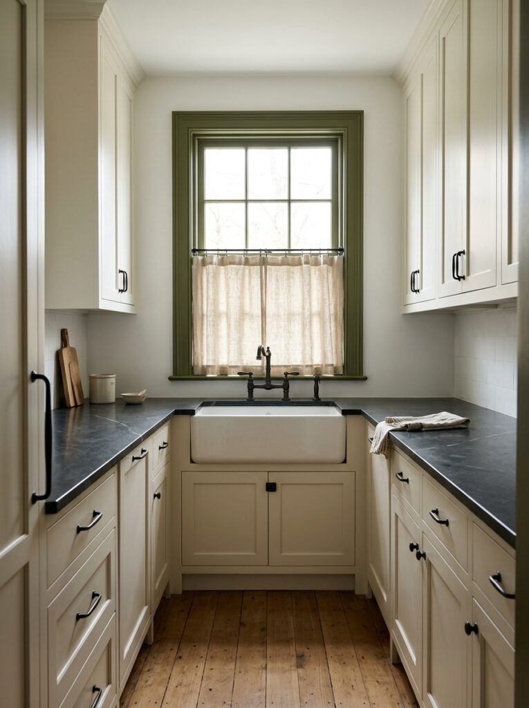 The end of a galley kitchen with a window above the sink, its frame painted deep olive, a linen cafe curtain on the lower half and cabinets running along both sides.