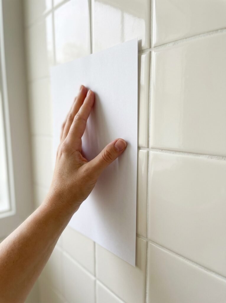  A hand holding a sheet of plain white paper flat against cream-toned square bathroom tile, showing the tile's warmer color beside the brighter paper.