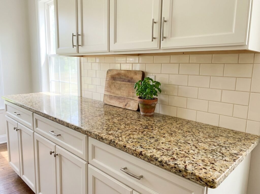Kitchen counter of gold and burgundy speckled granite under a warm cream subway tile backsplash with matching grout and white cabinets