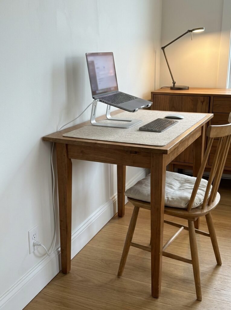 The end seat of a dining table placed beside a wall outlet, with a short cord running along the wall to a laptop on a stand and a task lamp on the sideboard.