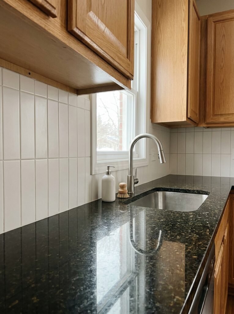 Soft white 4 by 12 inch matte tile backsplash in a vertical stack above a dark green and black granite counter with gold flecks