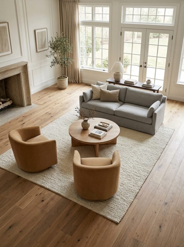  A floated gray sofa and two swivel chairs grouped closely around a round coffee table on a large rug, with open floor visible between the group and the far walls.