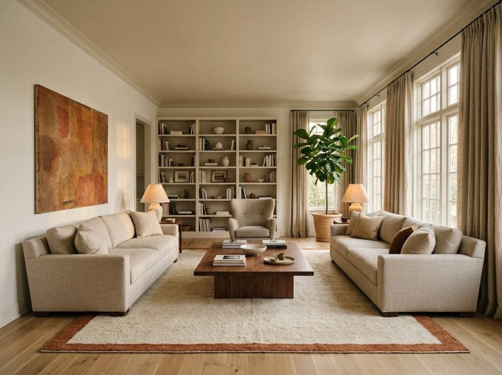 A large living room with high ceilings where two linen sofas face each other on a big wool rug, a tall bookcase fills one wall and table lamps glow at seat level.