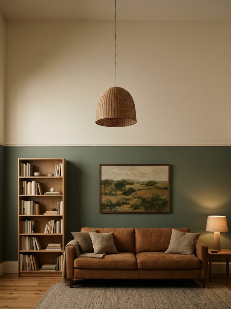 A tall living room wall painted deep sage below a picture rail and warm cream above, with a large framed landscape over a sofa and a woven pendant hanging into the room.