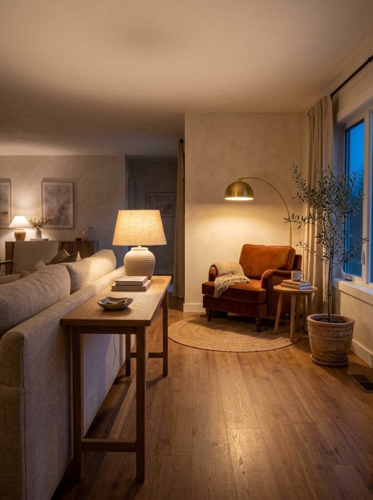 A reading corner at the end of a large living room with a leather-free fabric armchair, a brass floor lamp, a small side table and its own round rug, behind a floated sofa.