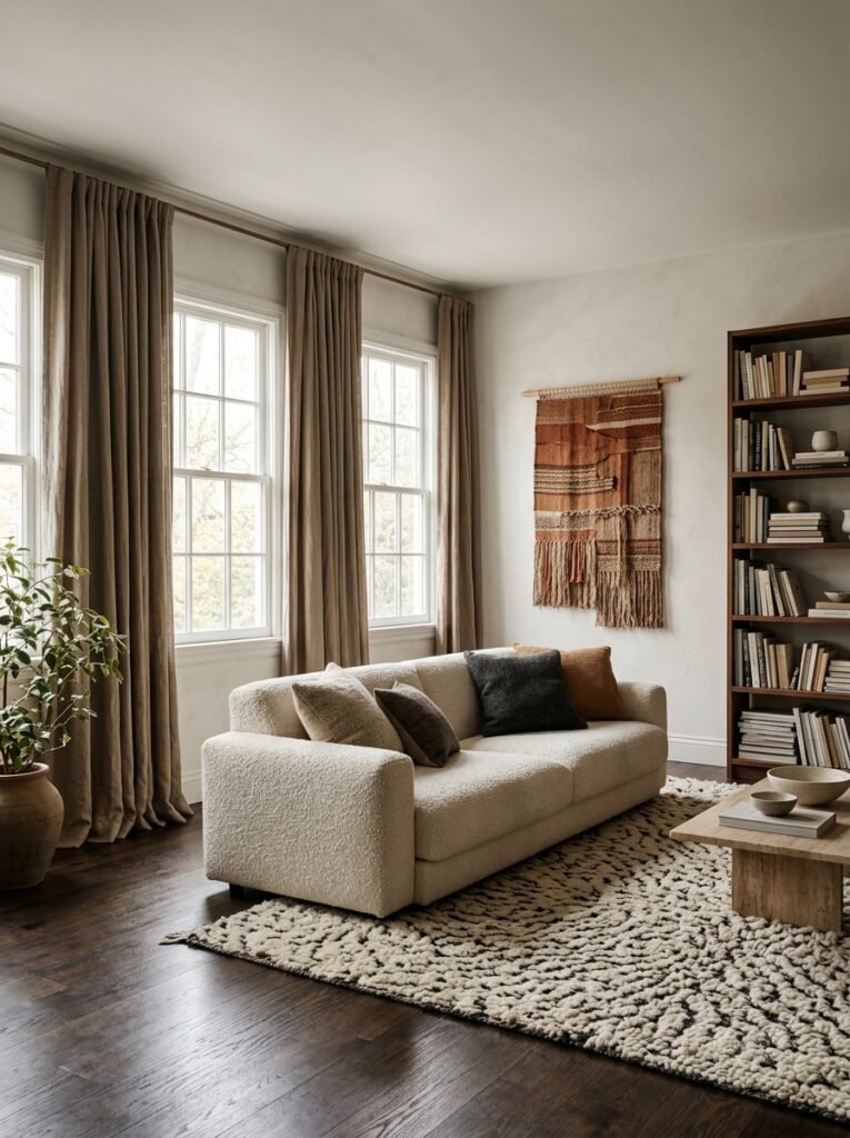 A large living room with a thick wool rug over hardwood, a boucle sofa, heavy linen curtains on tall windows and a woven textile hanging on a bare wall.