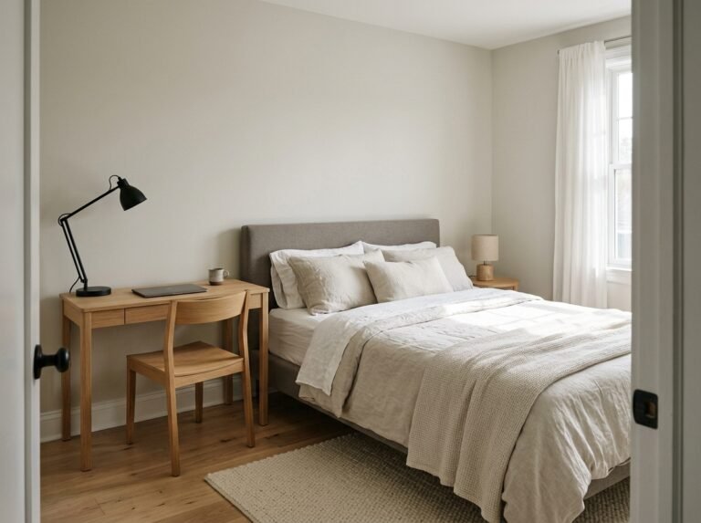 A small bedroom with a light oak desk standing beside the headboard in place of a nightstand, an armless chair tucked underneath and daylight from a side window.