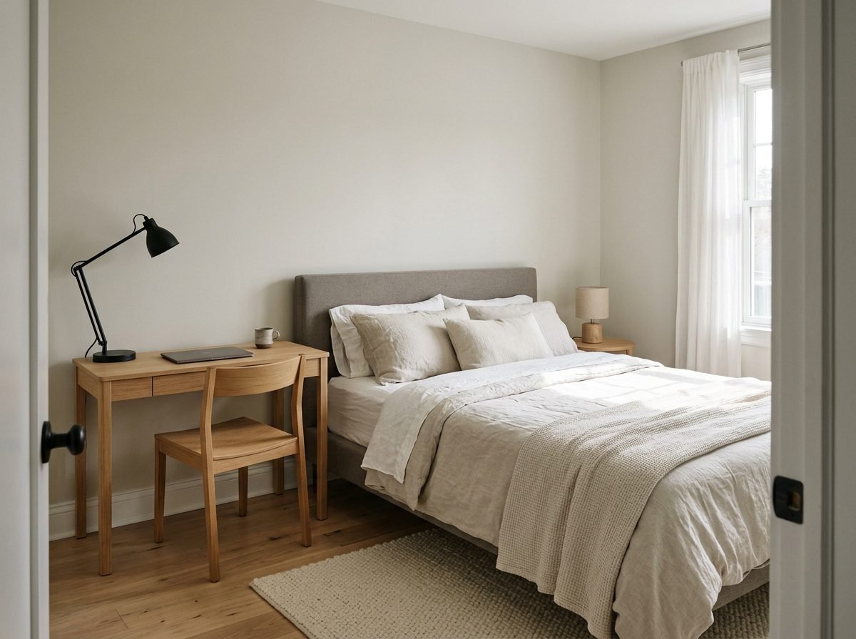 A small bedroom with a light oak desk standing beside the headboard in place of a nightstand, an armless chair tucked underneath and daylight from a side window.