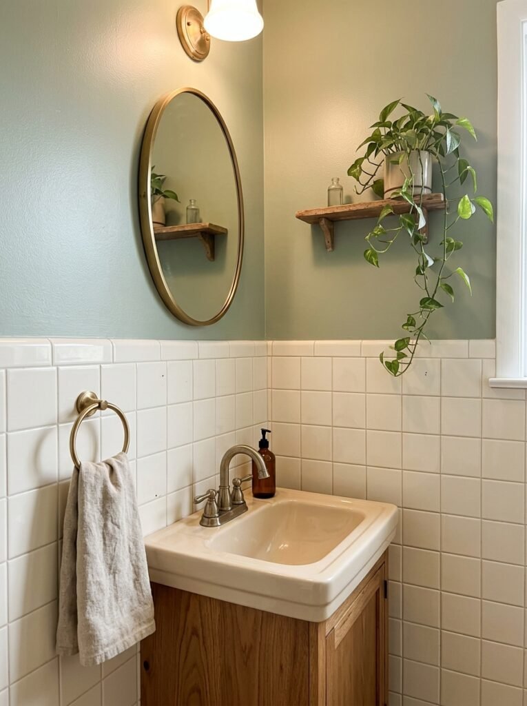 A bathroom with cream square tile on the lower walls, soft sage green paint above, a biscuit-colored sink and brushed brass faucet.