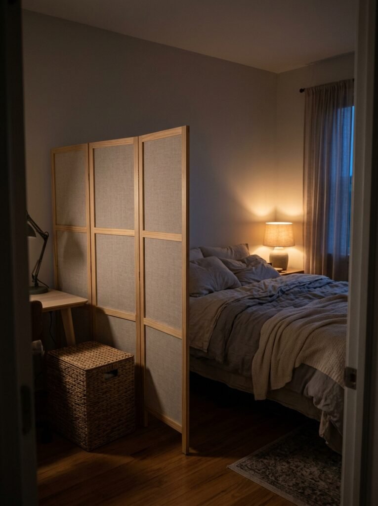 A bedroom at night with a folding fabric screen partly hiding a desk, a lidded storage box on the desktop and a warm bedside lamp glowing beside the bed.