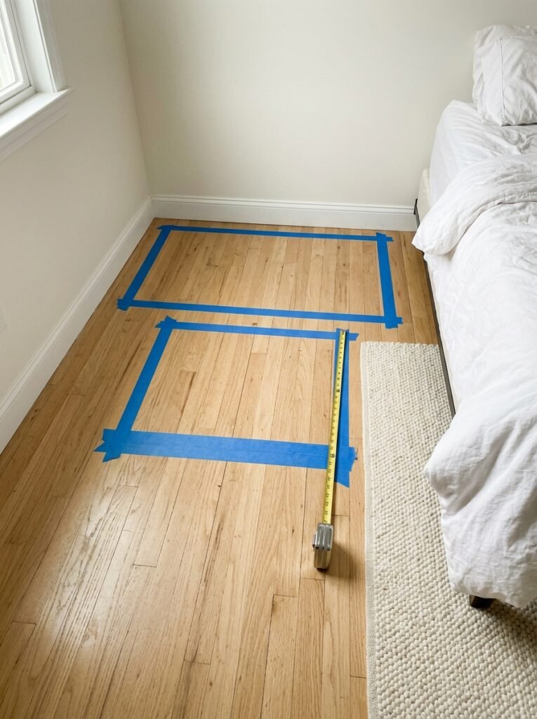 Blue painter's tape on a light wood bedroom floor marking a desk outline and the chair space behind it, with a tape measure and the edge of a bed nearby.