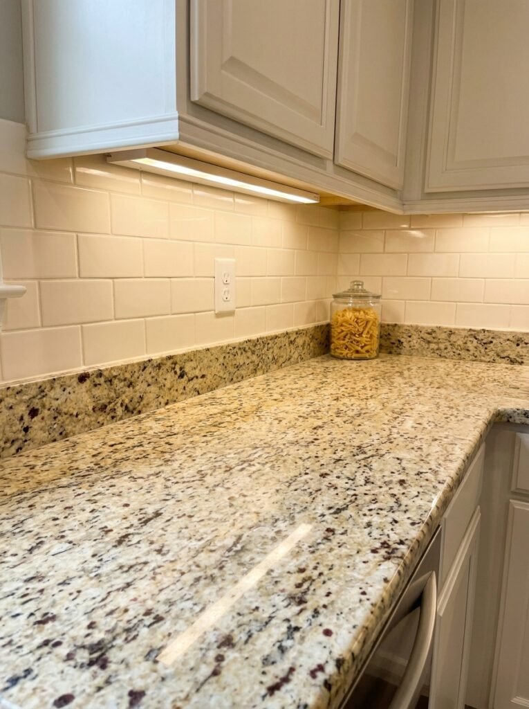 Warm ivory subway tile set directly above a 4 inch speckled granite splash, running up to the underside of white upper cabinets