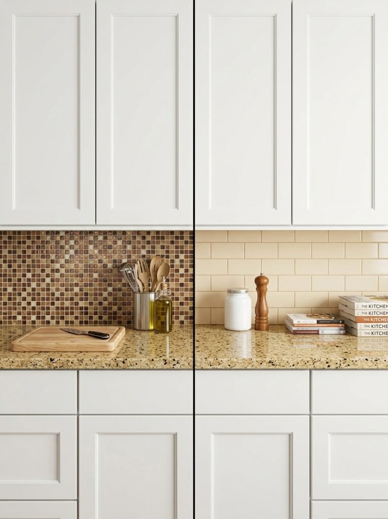 Side-by-side kitchen counters of the same gold speckled granite, one under a multicolor mosaic backsplash and one under plain cream tile