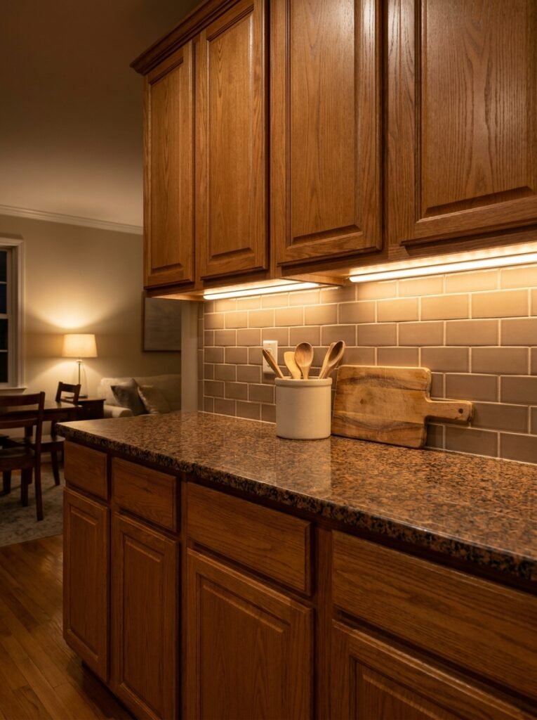 Medium oak cabinets above a brown granite counter with black specks and a taupe subway tile backsplash lit by warm under-cabinet lights